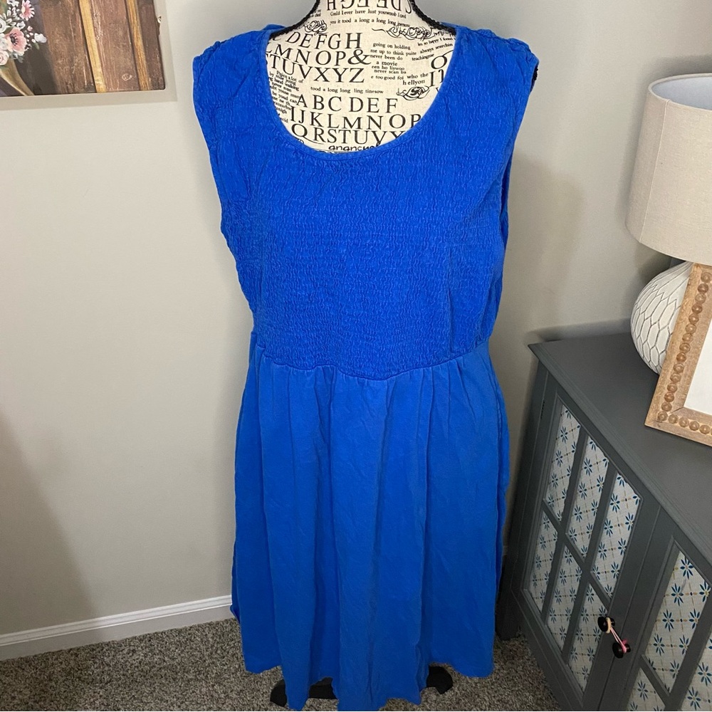 770 coldwater creek smocked Elegant Blue Sleeveless Dress with pockets - Picture 2 of 10